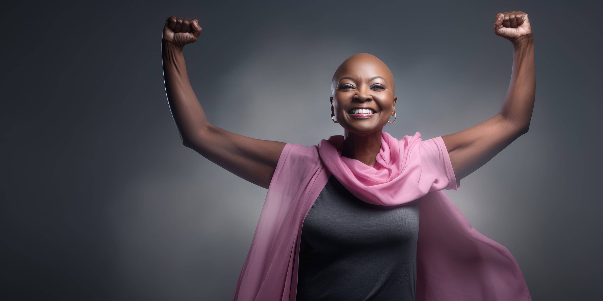 african american bald woman holding both hands up. wearing dark grey shirt with pink scarf draped around her neck...smiling