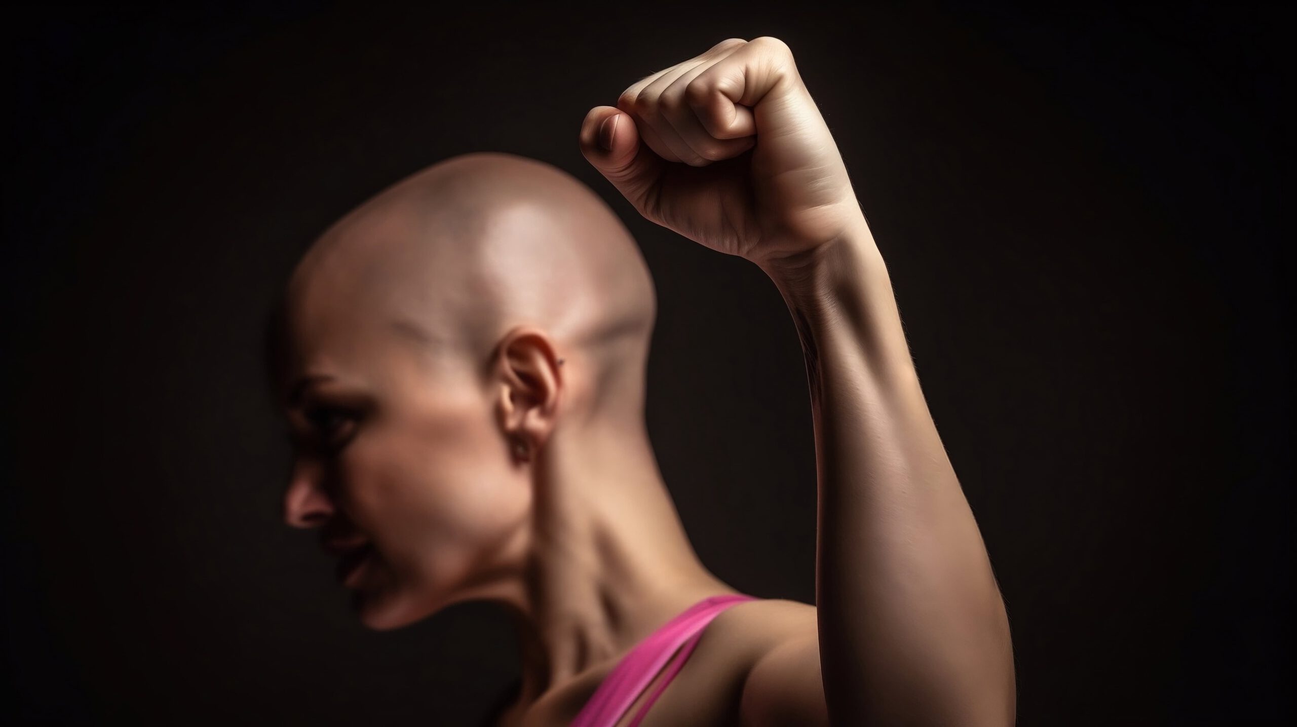 Woman raising fist to fight breast cancer