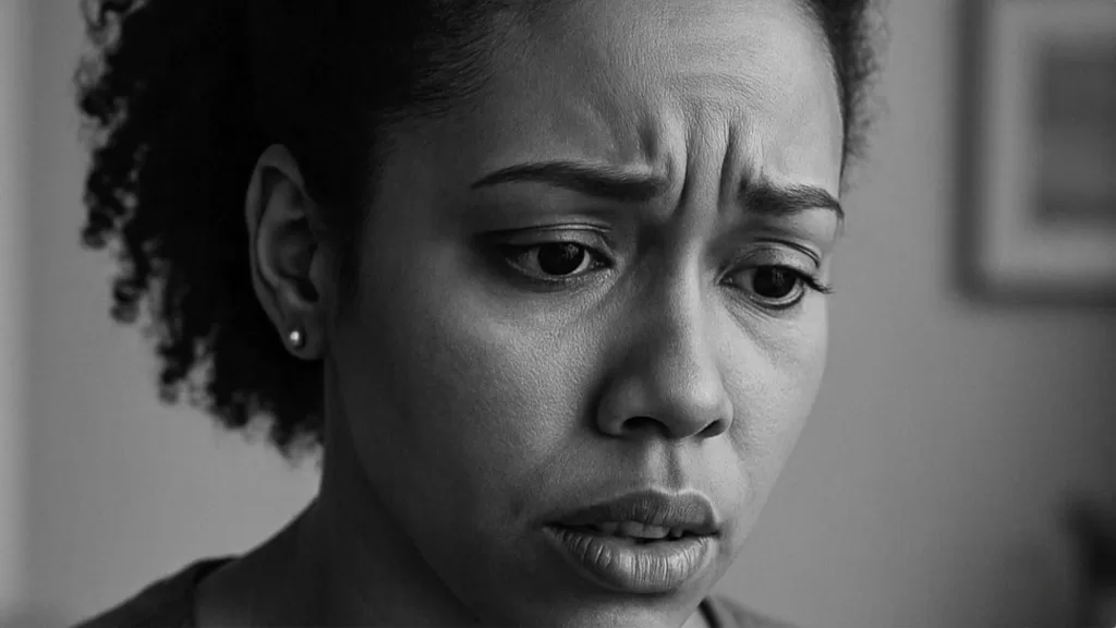 African American woman with short curly hair looking worried