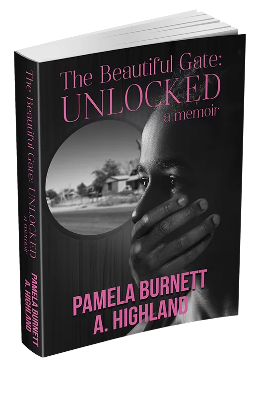 The Beautiful Gate: Unlocked Memoir black cover with young girl looking left with a hand covering her mouth. Black book cover with pink text.