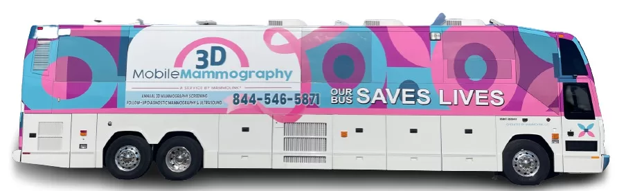 3D MammoLink Mobile Unit Bus with pink, blue and white colors