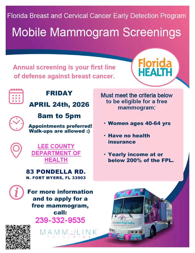 Free Mammogram for Uninsured Women event flyer in N. Fort Myers, FL on April 24th