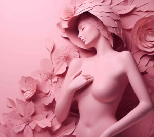 Pink silhouette and background of a woman surrounded by roses